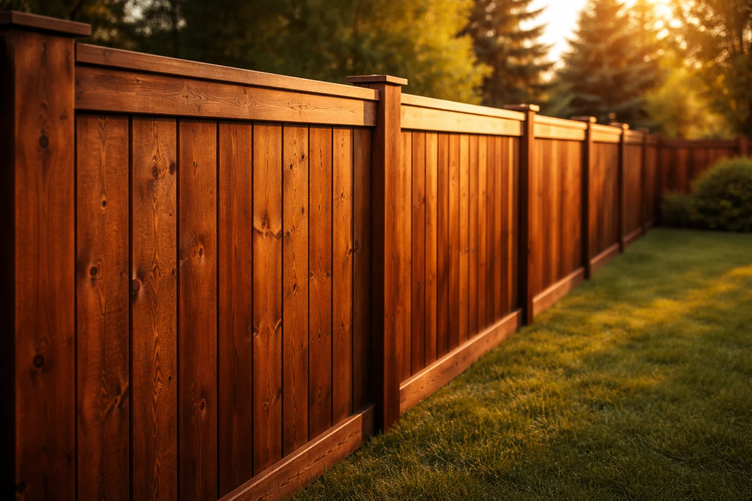 Freshly stained cedar wood fence in suburban backyard with deep brown oil-based finish glowing in golden hour sunlight